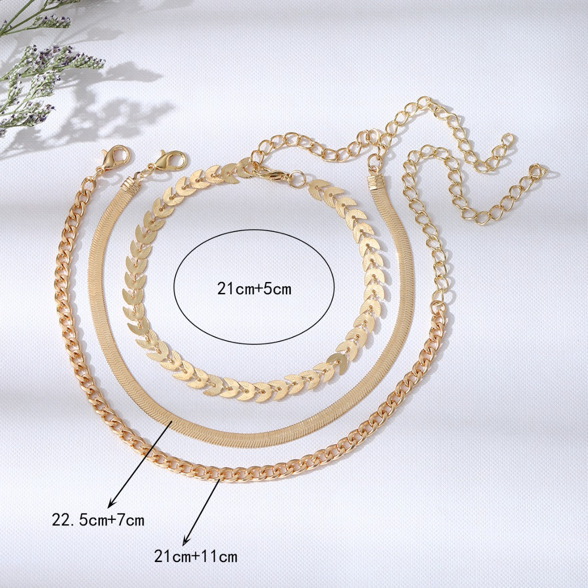 Three-piece Flat Snake Wheat Chain Anklets