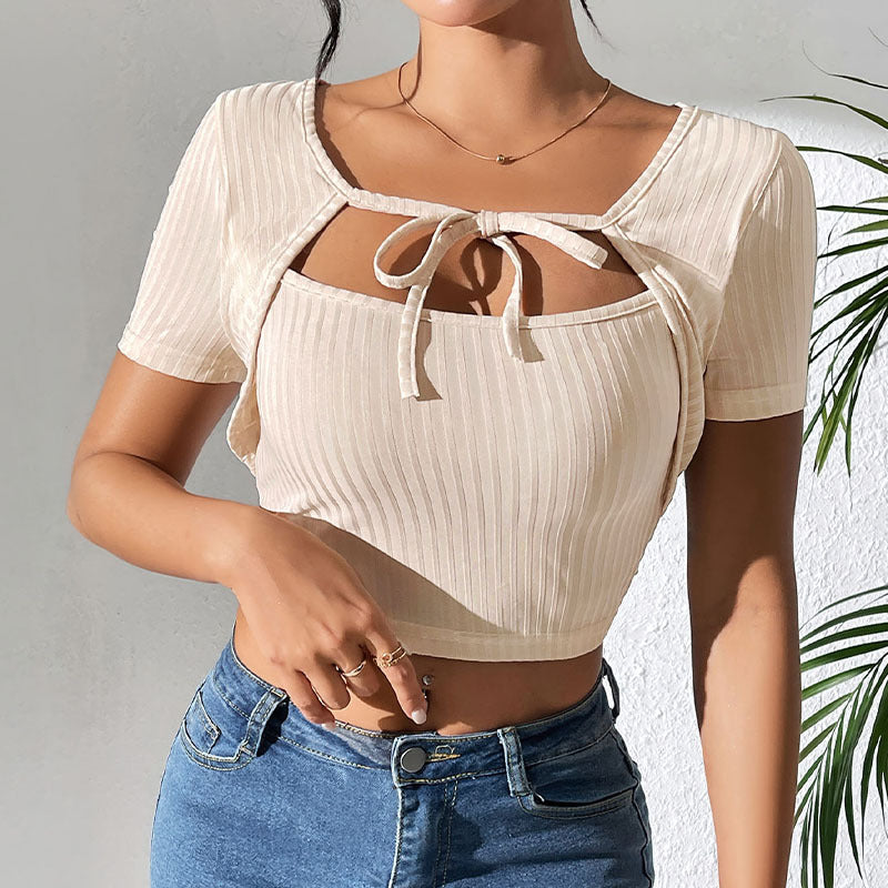 Sunken Stripe Rib Lace-up Square Collar Top