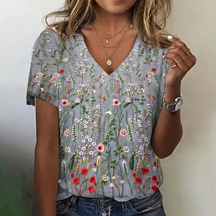 Cotton Short-sleeved T-shirt V-neck Floral Print