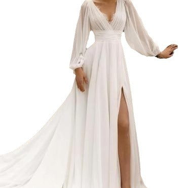 European High Waist Plus Size Deep V Long Sleeve Wedding Dress