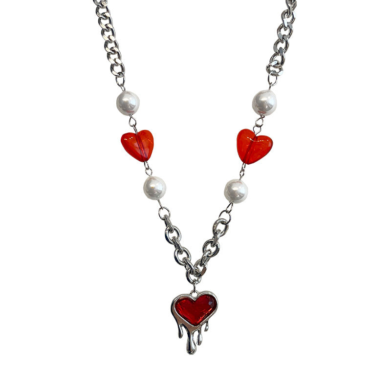 Red Heart Patchwork Pearl Necklace