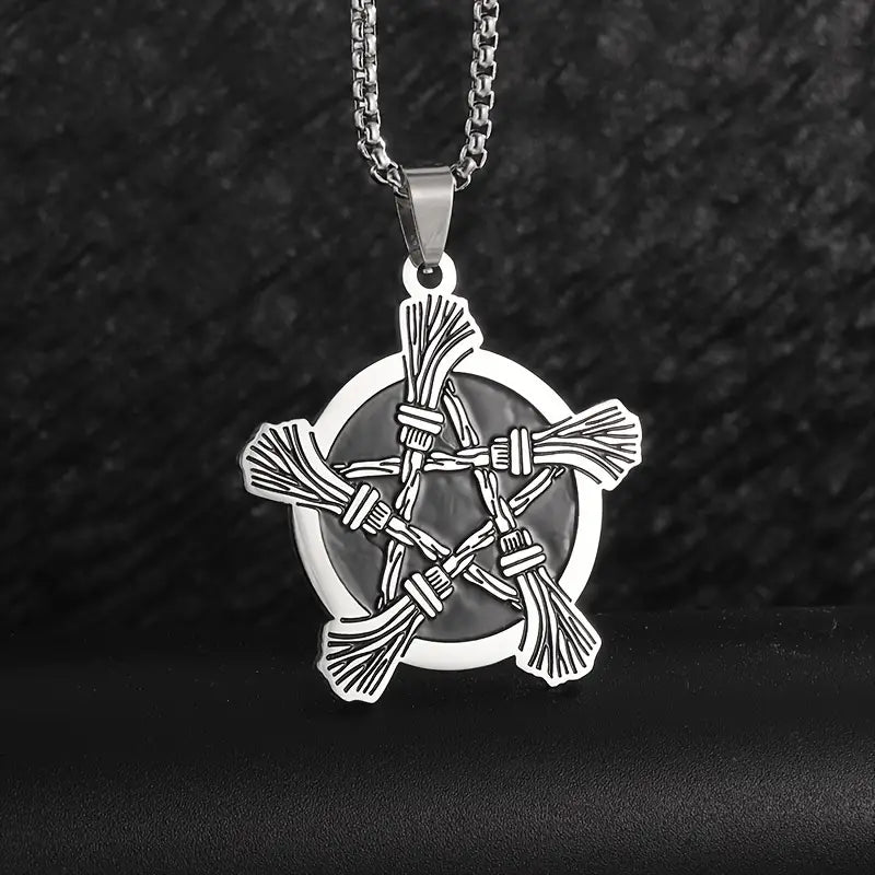 Stainless Steel Witches Brooms Pentagram Necklace.