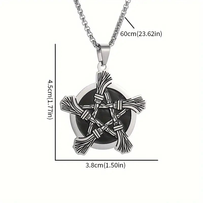 Stainless Steel Witches Brooms Pentagram Necklace.