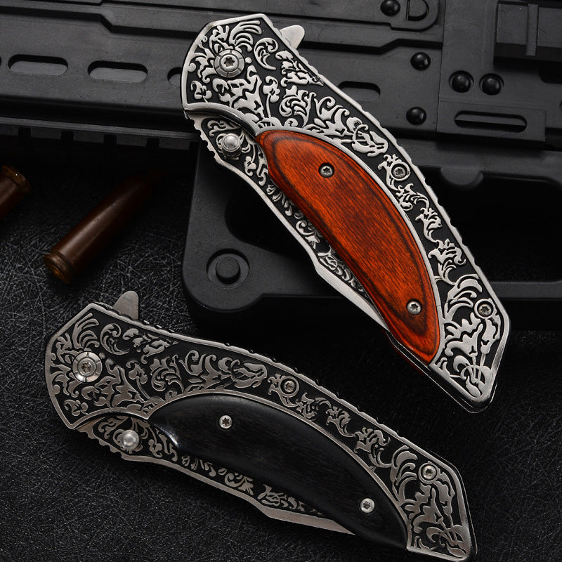 Steel Carved Wooden Handle High Hardness Folding Knife