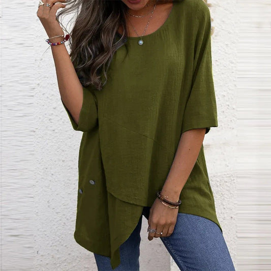 Cotton Linen Round-neck Irregular Half Sleeve Shirt