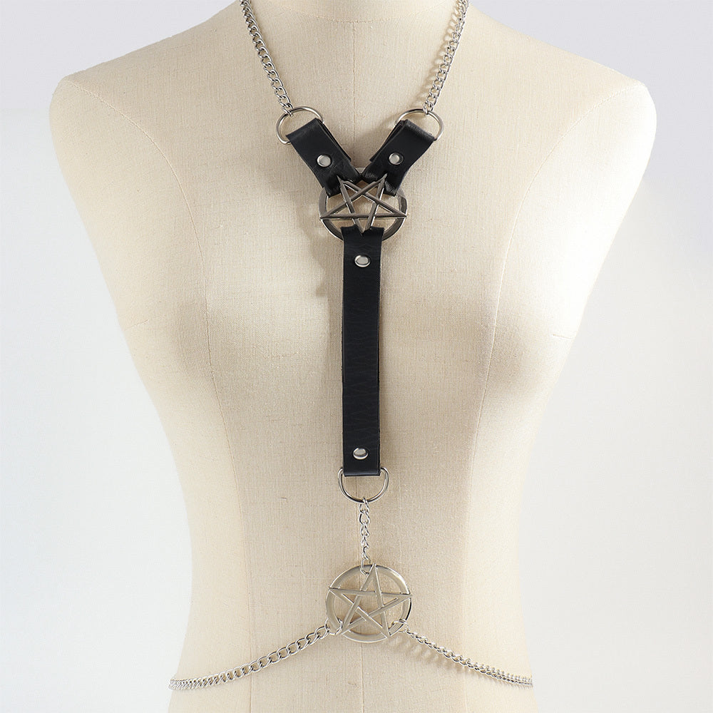 Sexy Ladies Black Leather Chest Pentagram Metal Chain Belt Harness