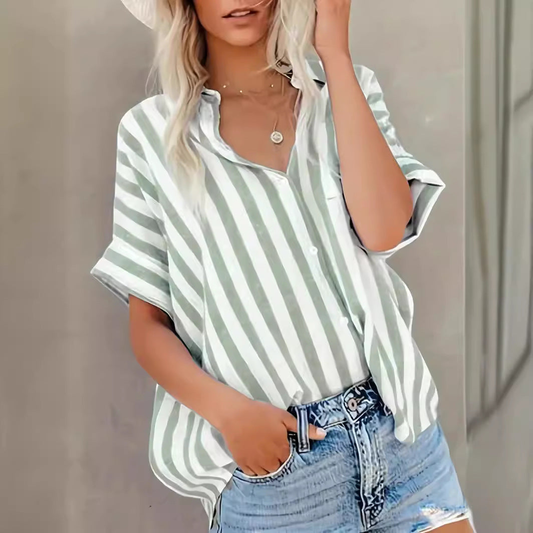 Short-sleeved Cotton and Linen Stripes Loose Shirt