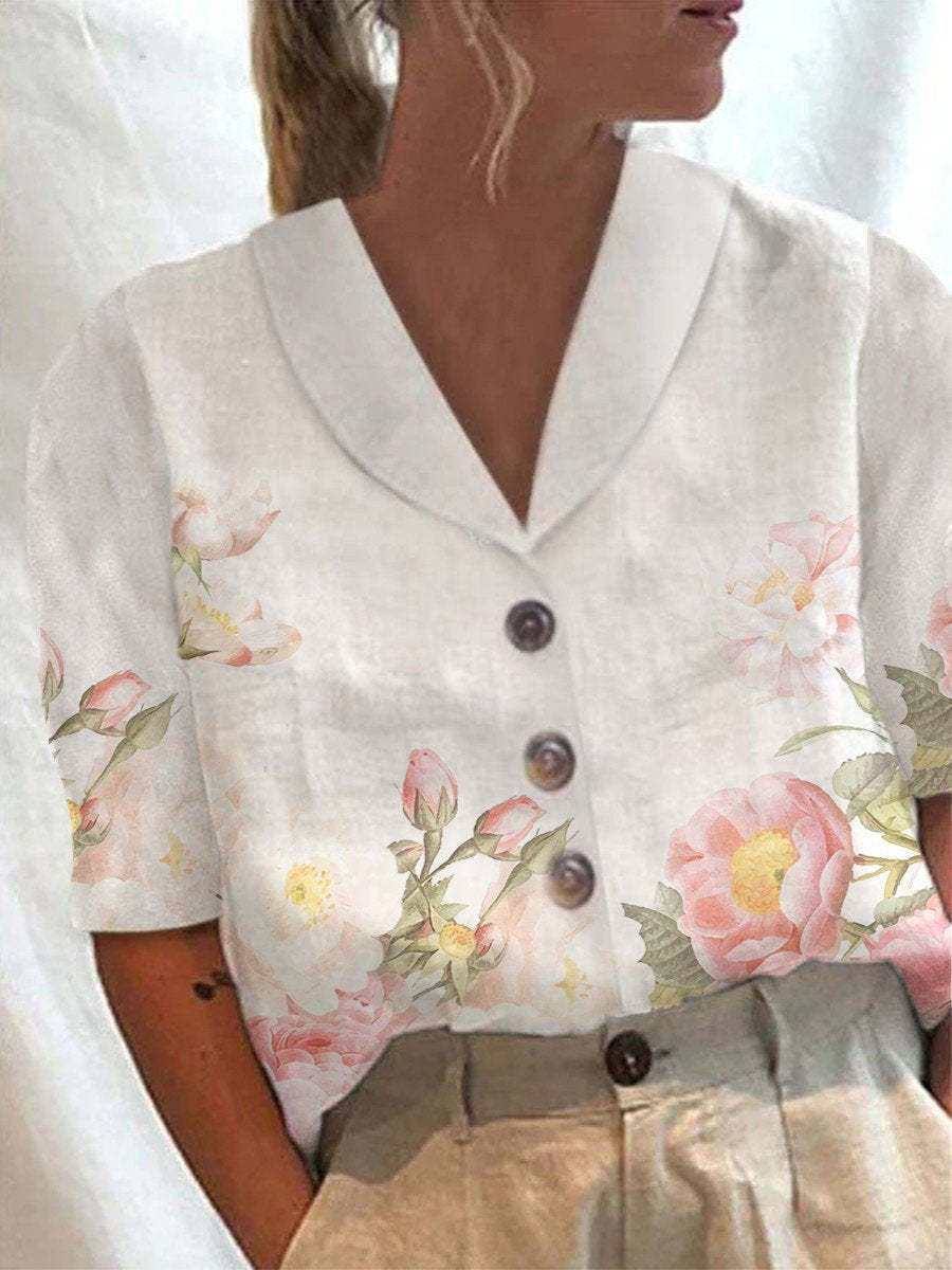 Cotton and Linen Printed Short-sleeved Shirt