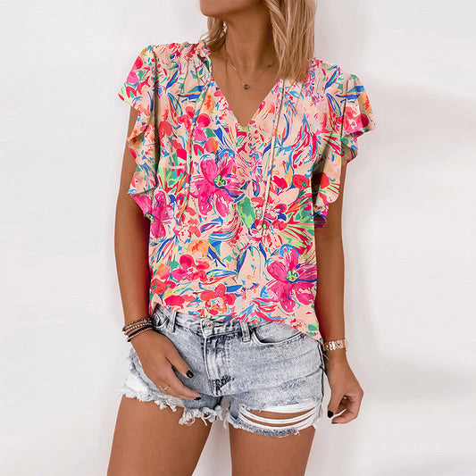 Thin V-neck Ruffled Printed Short-sleeved Shirt