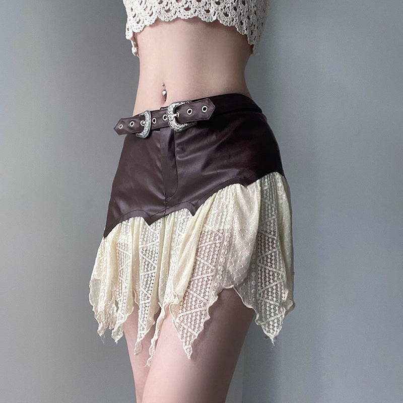 One-piece Leather Irregular Lace Skirt