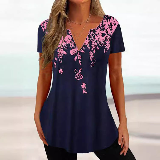 European Loose V-neck Gradient Color Short Sleeve Printed Top