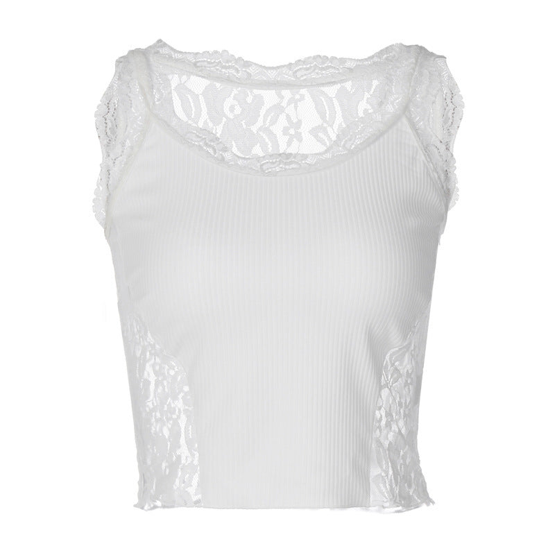 Hot Girl Solid Color Stitching Lace Top