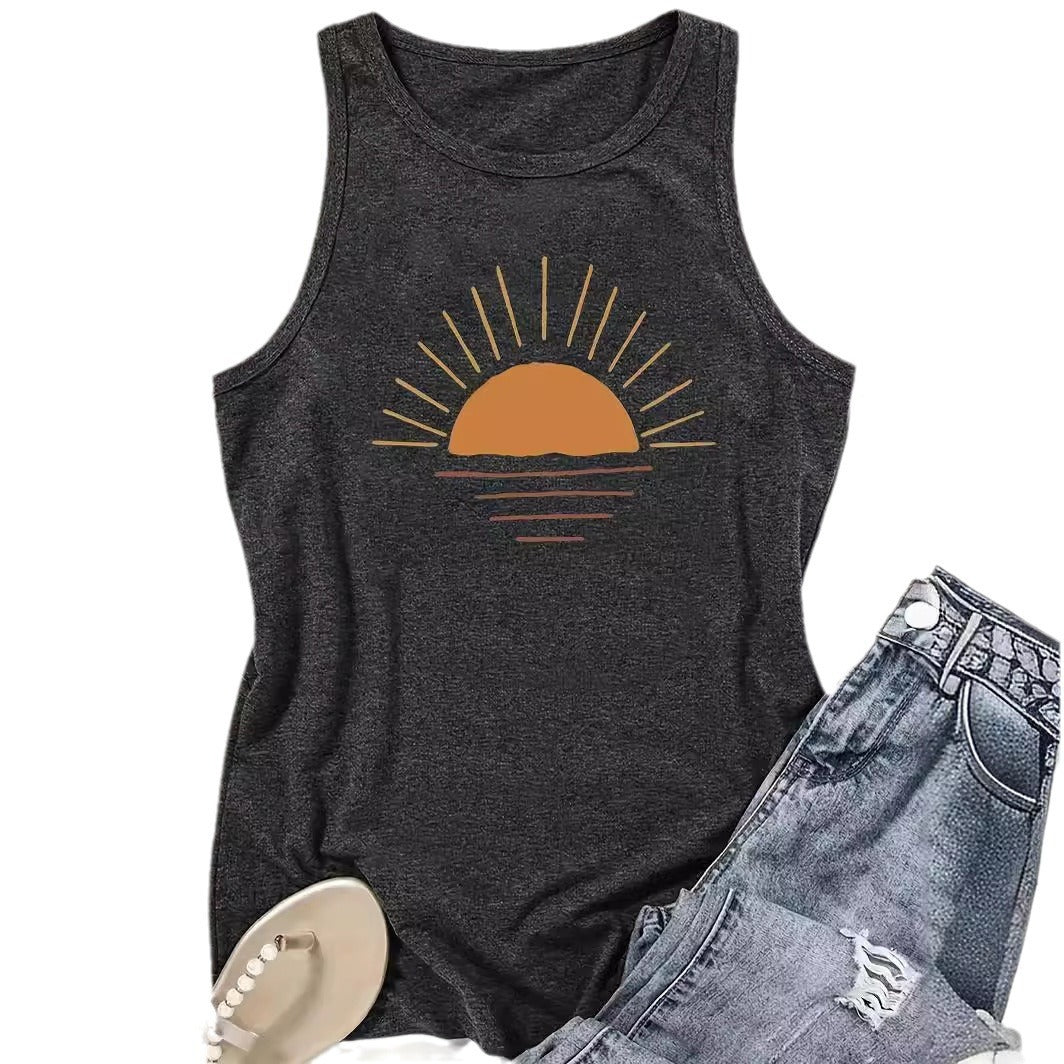 Sunrise Printed Round Neck Vest Spring And Summer Casual Top