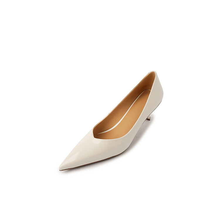 Patent Sheepskin Stiletto Heel Pointed Toe V-shaped Mouth Pumps