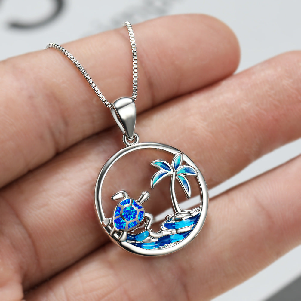 Platinum Blue Opal Turtle Palm Necklace