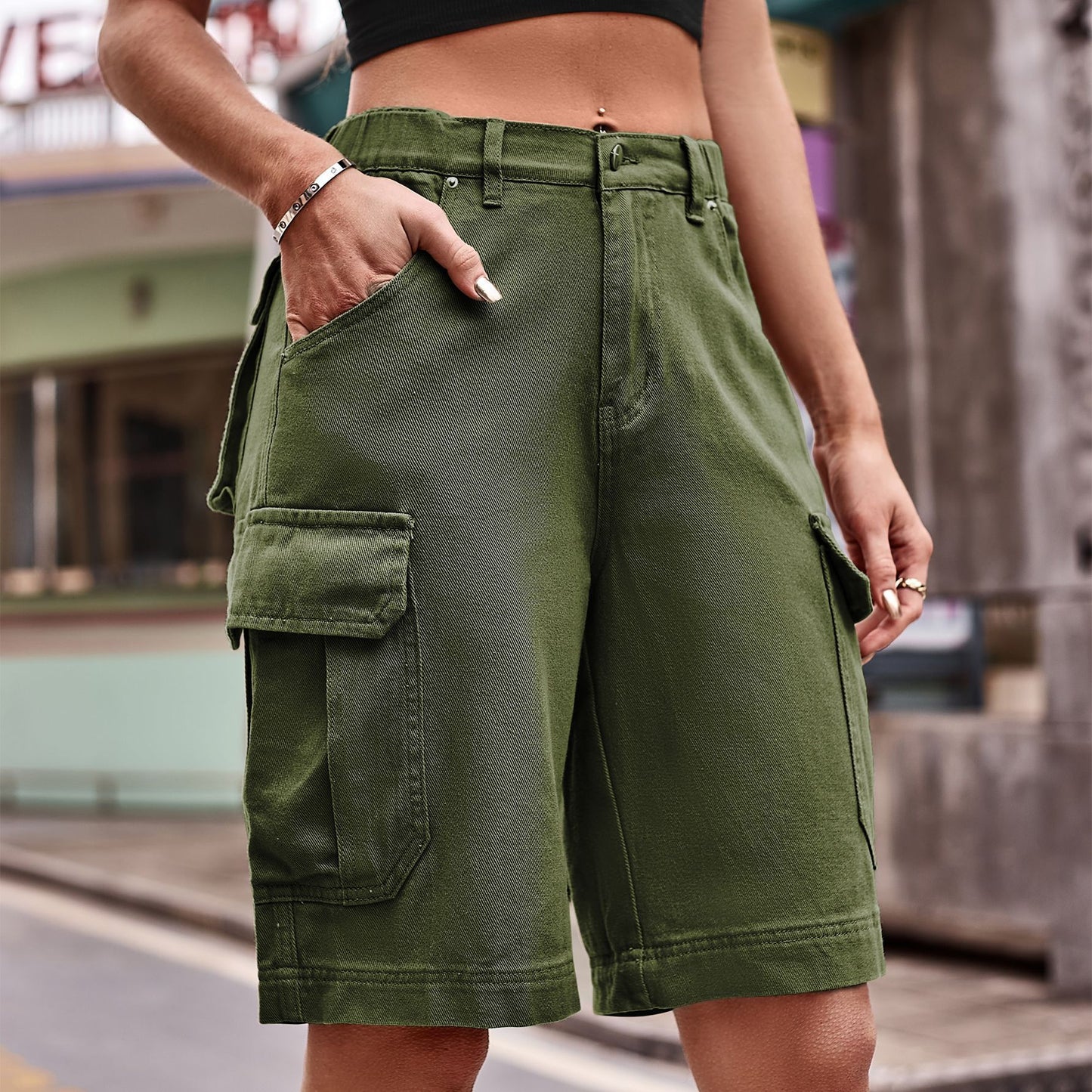 Women's Elastic Waist Denim Cargo Shorts