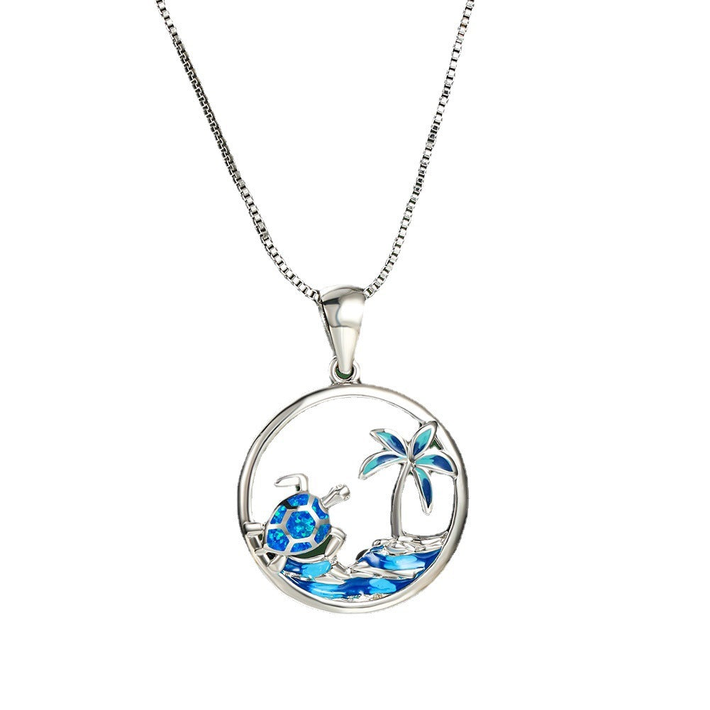 Platinum Blue Opal Turtle Palm Necklace