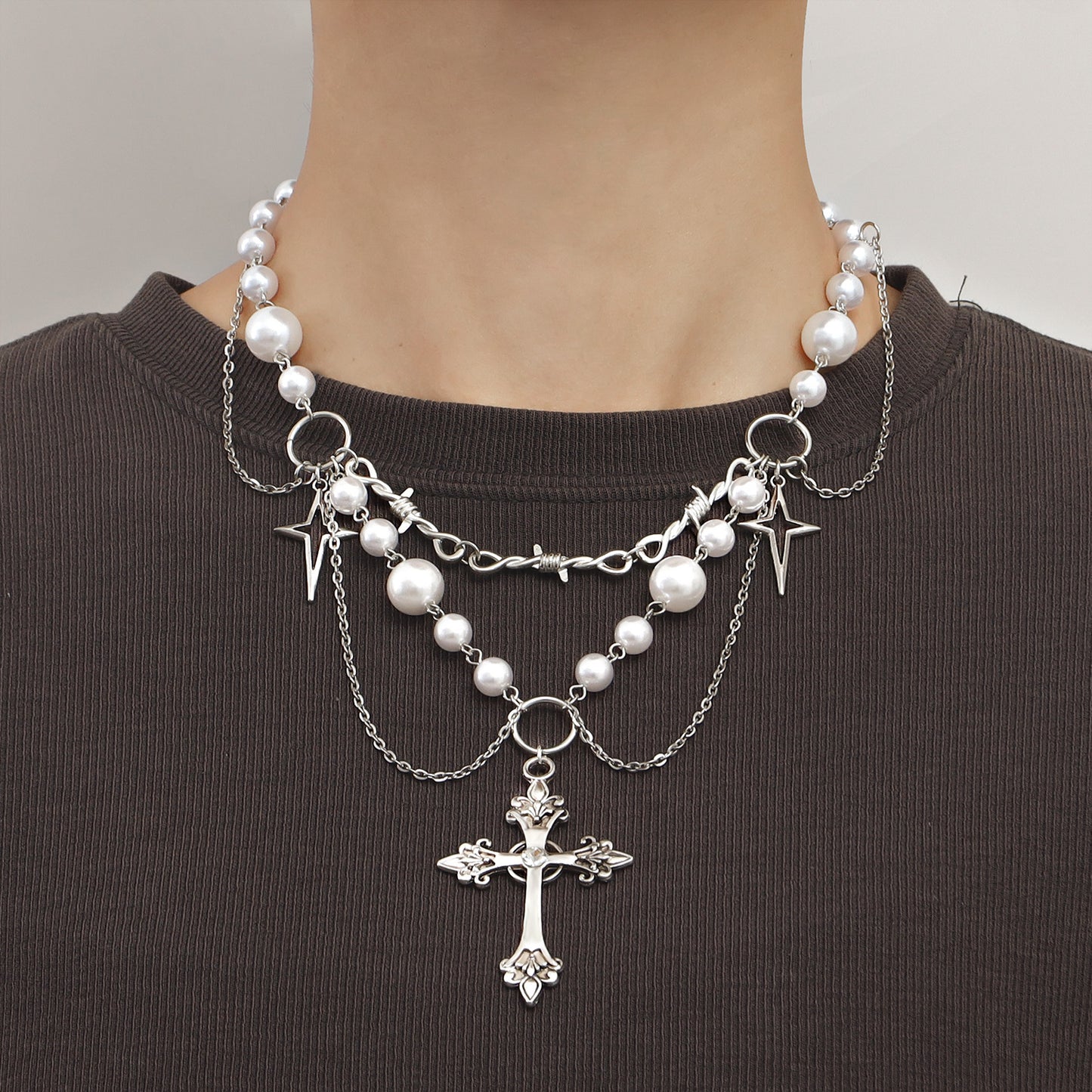 Gothic Pearl Tassel Cross Necklace