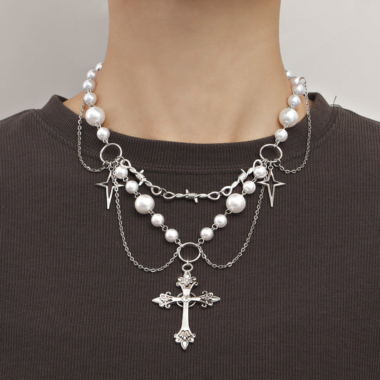 Gothic Pearl Tassel Cross Necklace