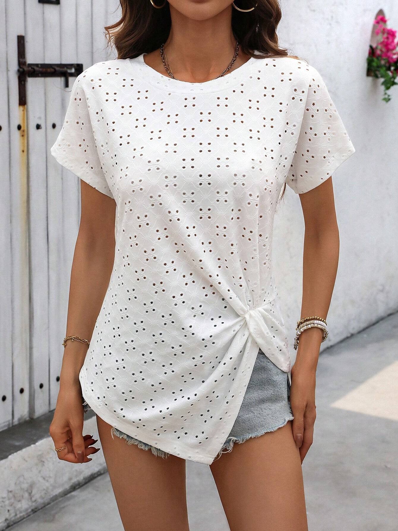 Casual Solid Color Fresh Jacquard Pleated Round Neck Shirt