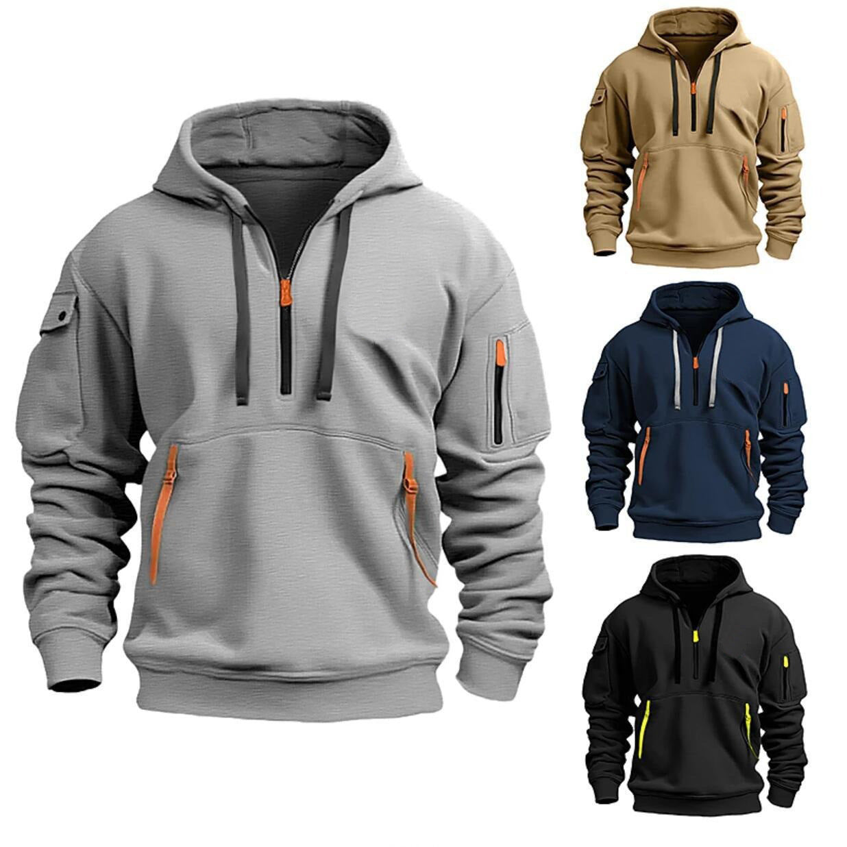 Zip Multi-pocket Pullover Hoodie