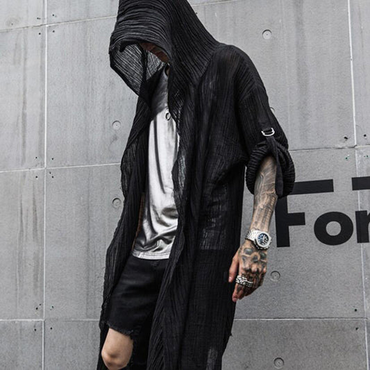 Men's New Clothes Pleated Woven Cotton Black Hooded Jacket