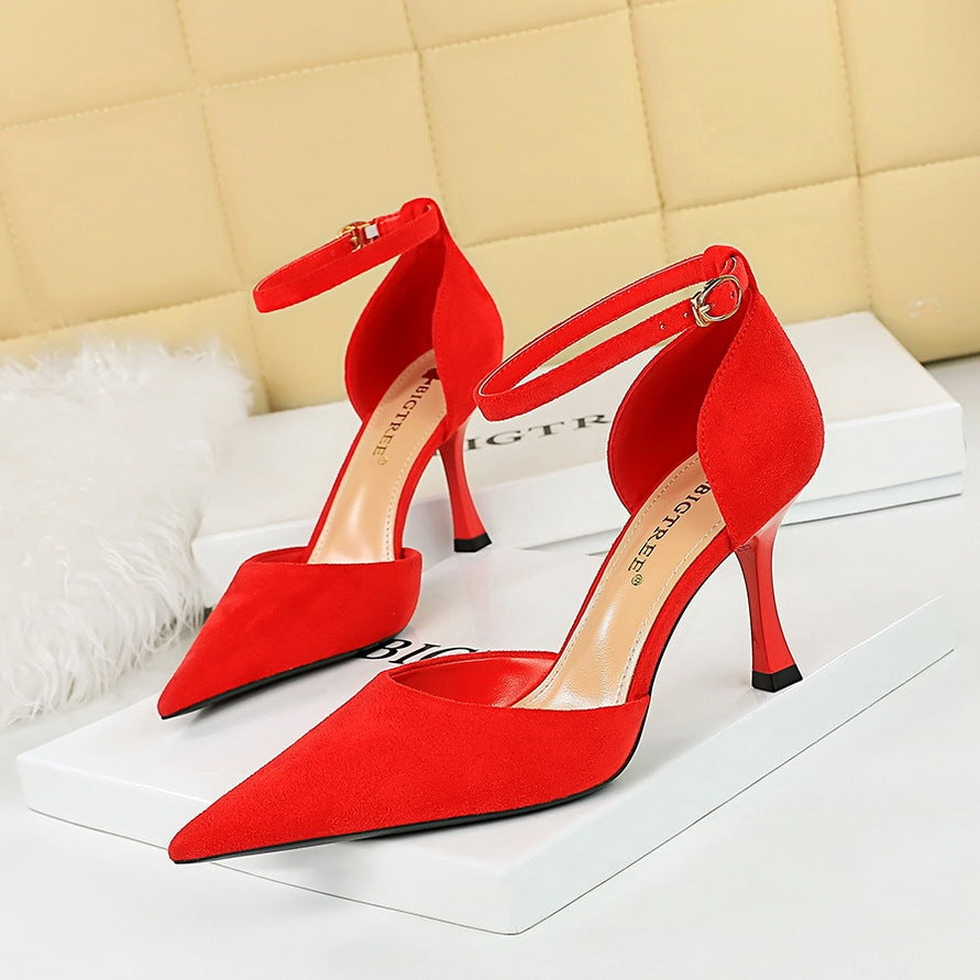 Suede Shallow Mouth Pointed-toe Hollowed Ankle-strap High Heels