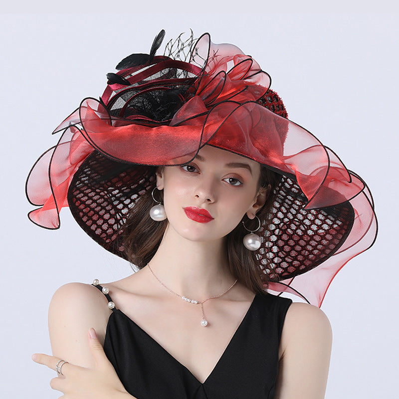 Mesh Flower Decoration Broad-brimmed Hat