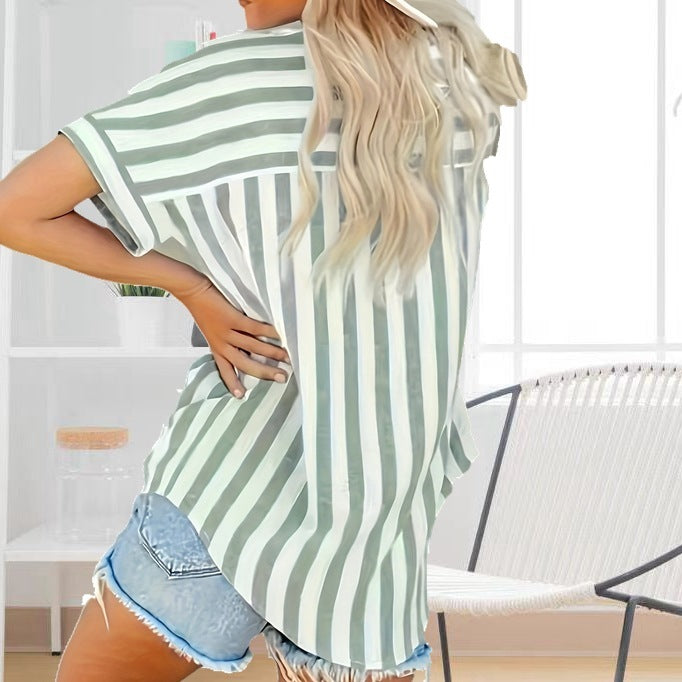 Fashion Elegant Comfortable Button Striped Plus Size Summer Shirt