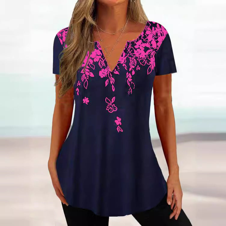 European Loose V-neck Gradient Color Short Sleeve Printed Top