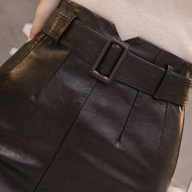 PU Leather Split A Shape Skirt