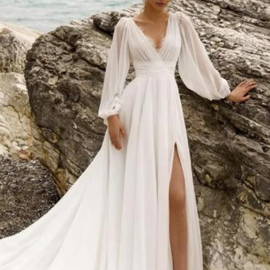 European High Waist Plus Size Deep V Long Sleeve Wedding Dress