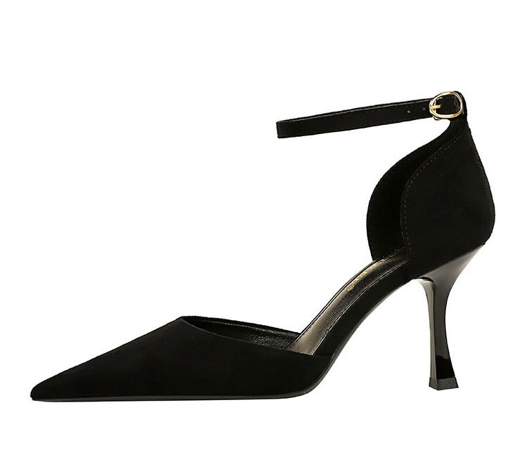 Suede Shallow Mouth Pointed-toe Hollowed Ankle-strap High Heels