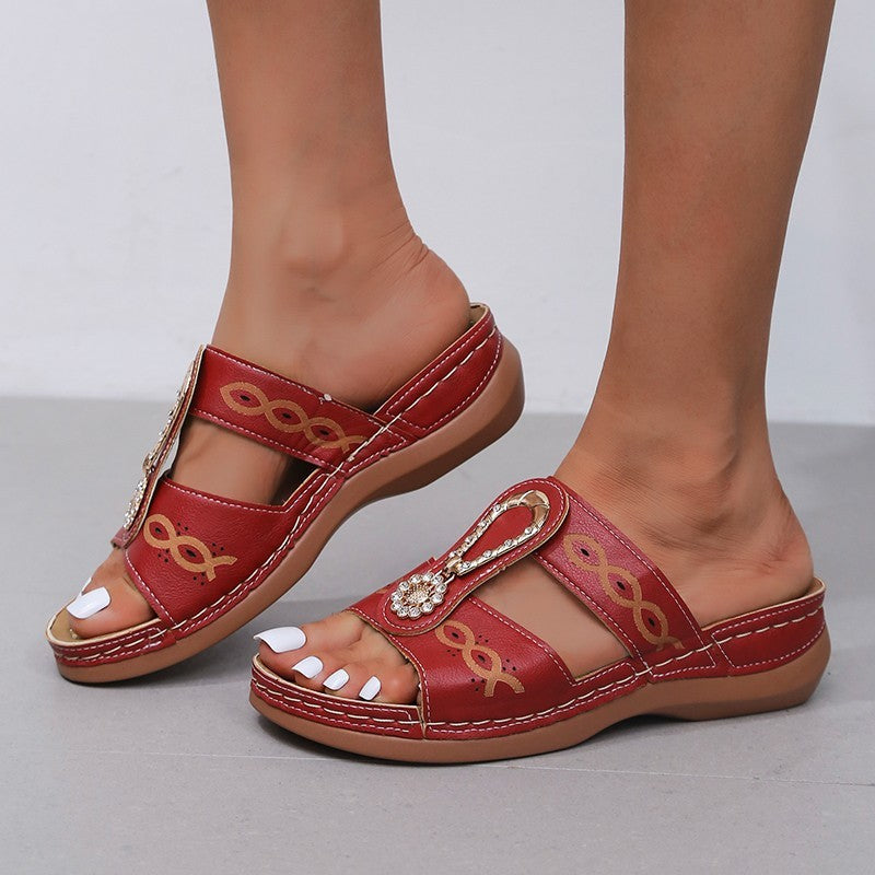 Summer Large Size Flat Bottom Wedge Rhinestone Embroidered Sandals