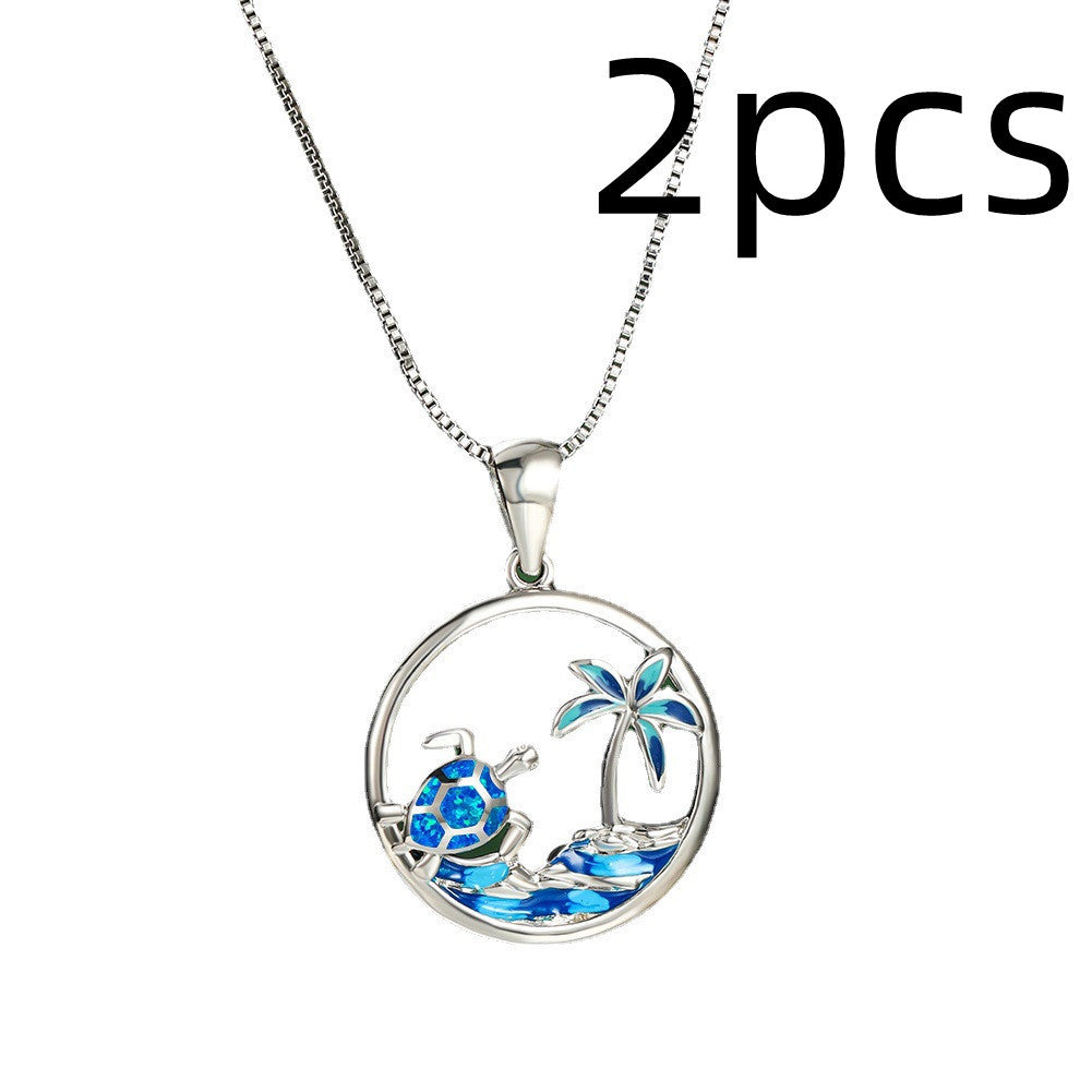 Platinum Blue Opal Turtle Palm Necklace