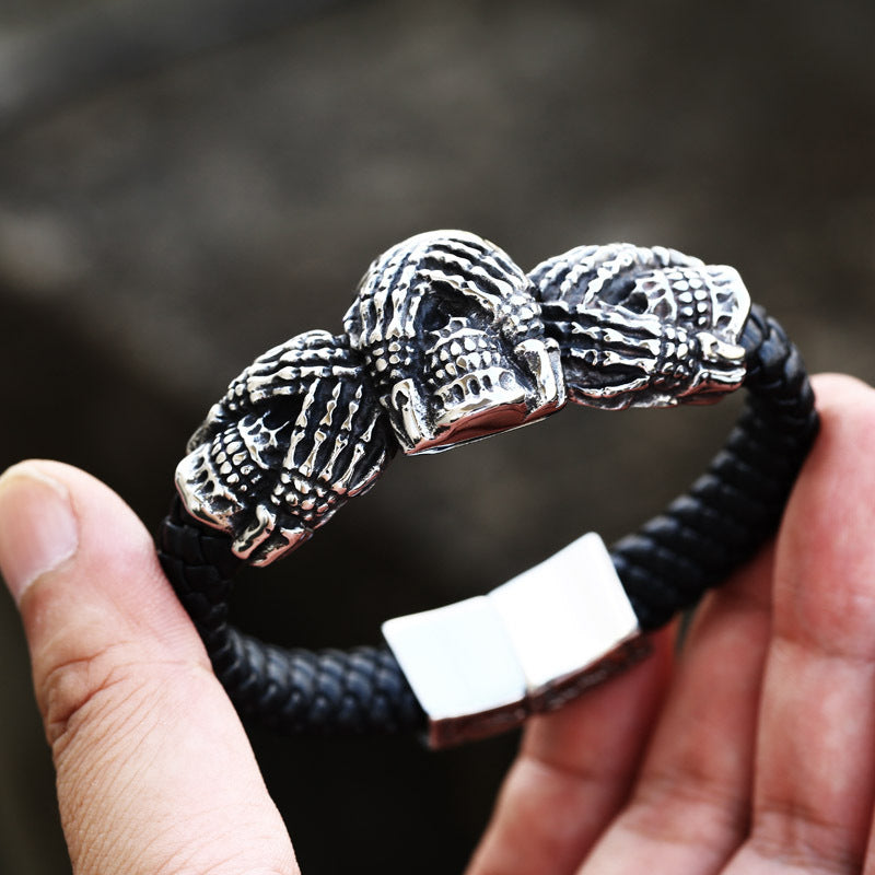 Stainless Steel Skull Leather Bracelet