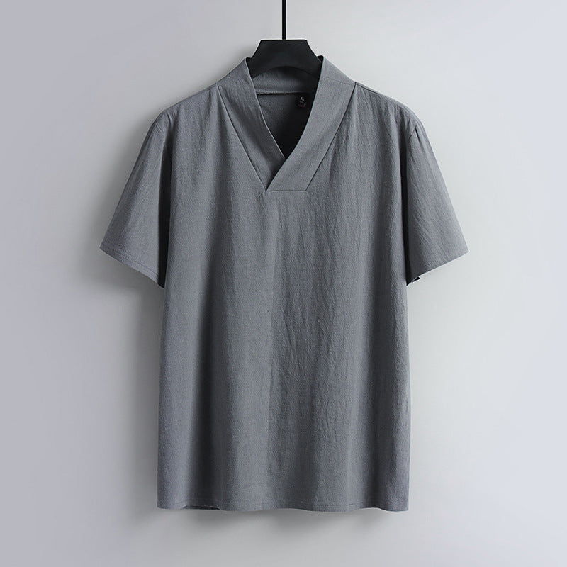 Men's Short-sleeved T-shirt Summer Vintage V-neck Cotton And Linen Half Sleeves