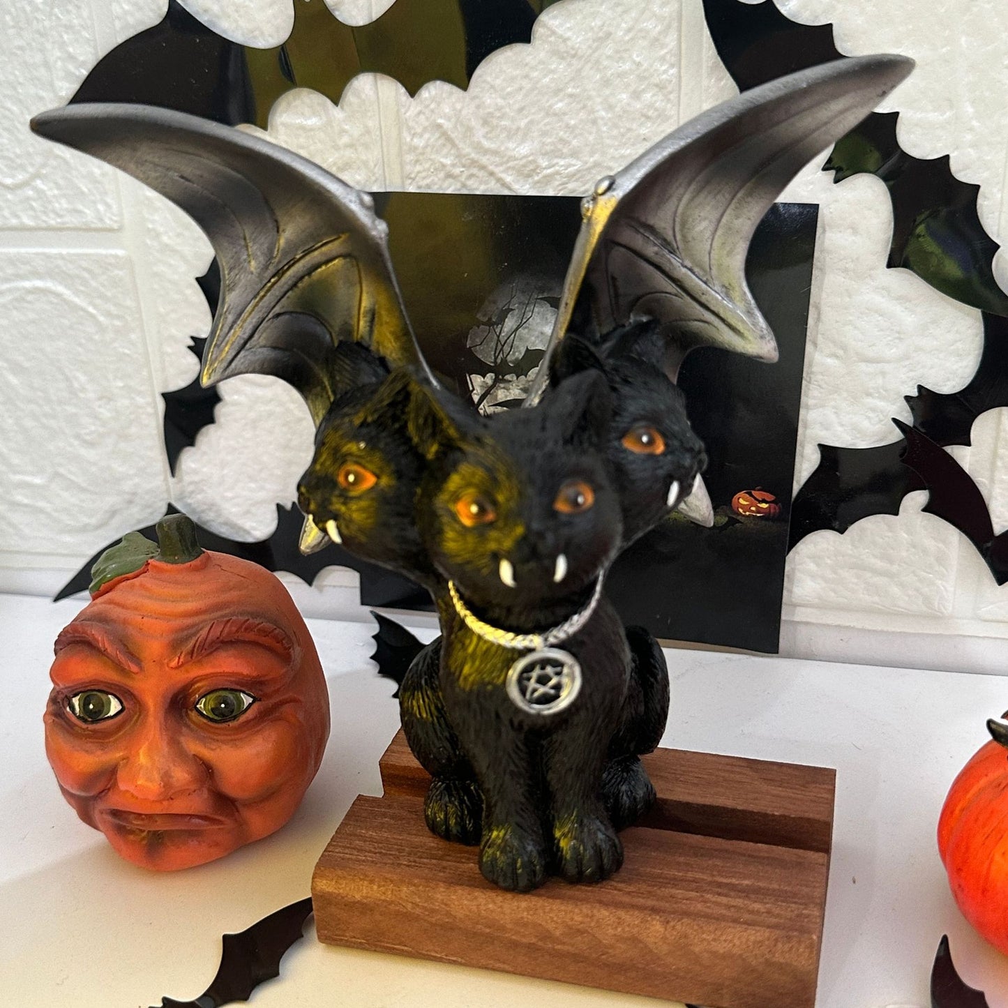 Three-head Cat Bat Winged Resin Decoration