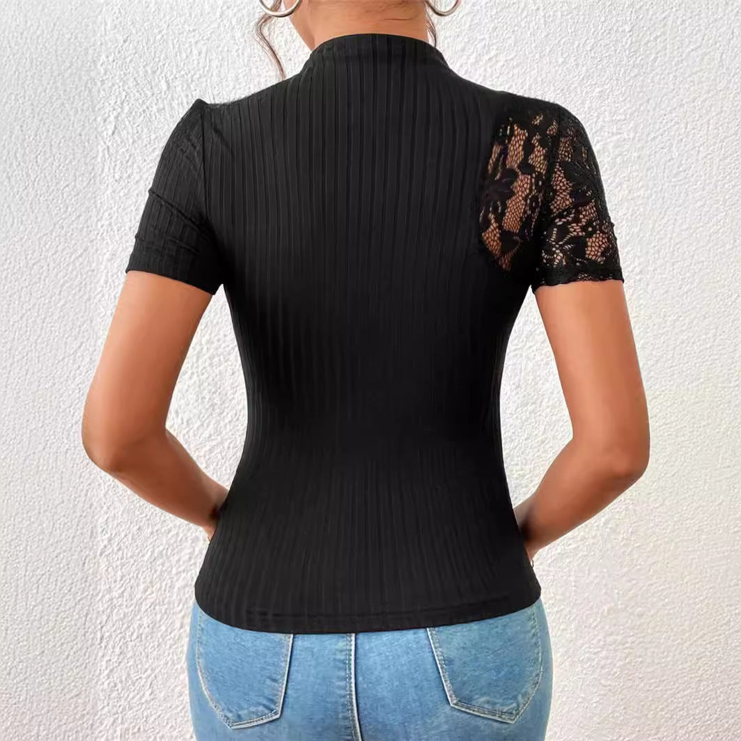 Slim-fit Lace Patchwork Short-sleeved T-shirt