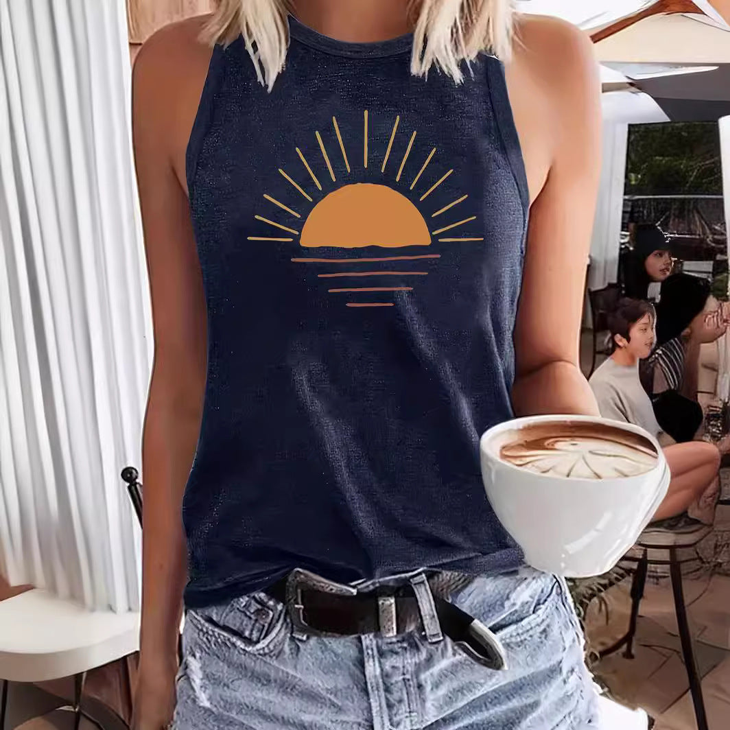 Sunrise Printed Round Neck Vest Spring And Summer Casual Top