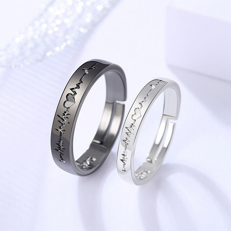 Romantic Black & White Heart ECG Couples Rings