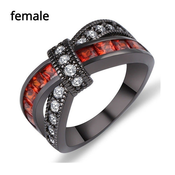 Black Gold Garnet Red Cross Zircon Ring