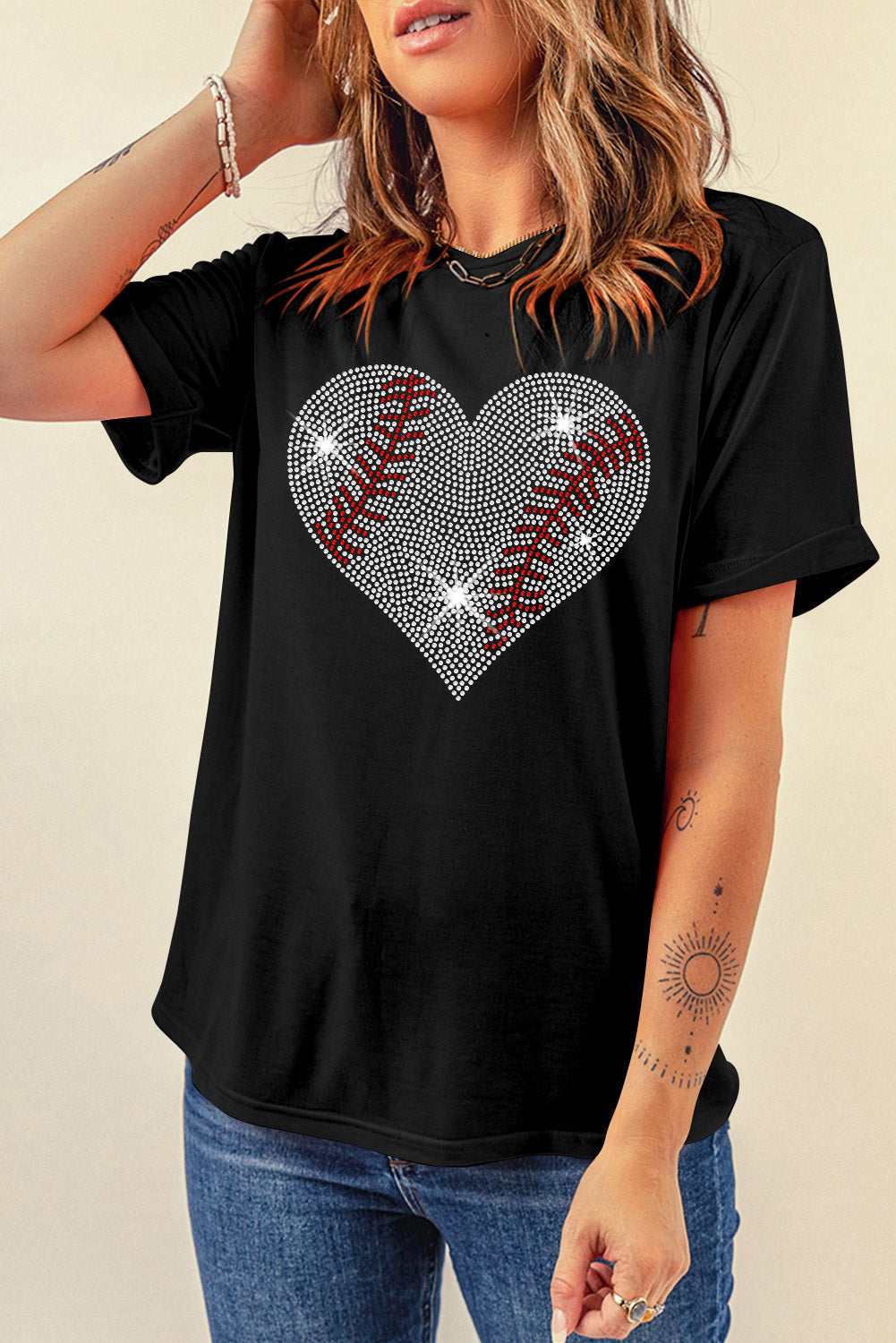 Rhinestone Heart Round Neck Short Sleeve T-Shirt