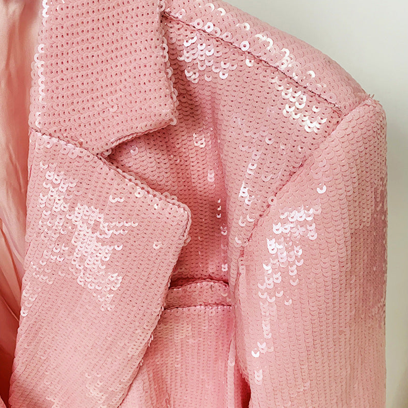 Double-breasted Pink Sequined Blazer