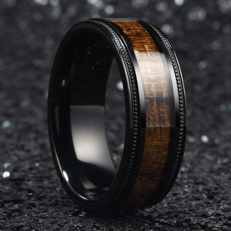 Men's Creative Black Background Wood Grain Stainless Steel Ring