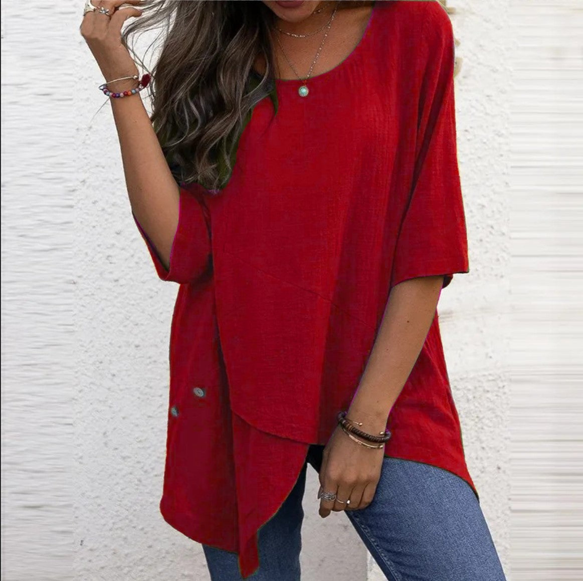 Cotton Linen Round-neck Irregular Half Sleeve Shirt