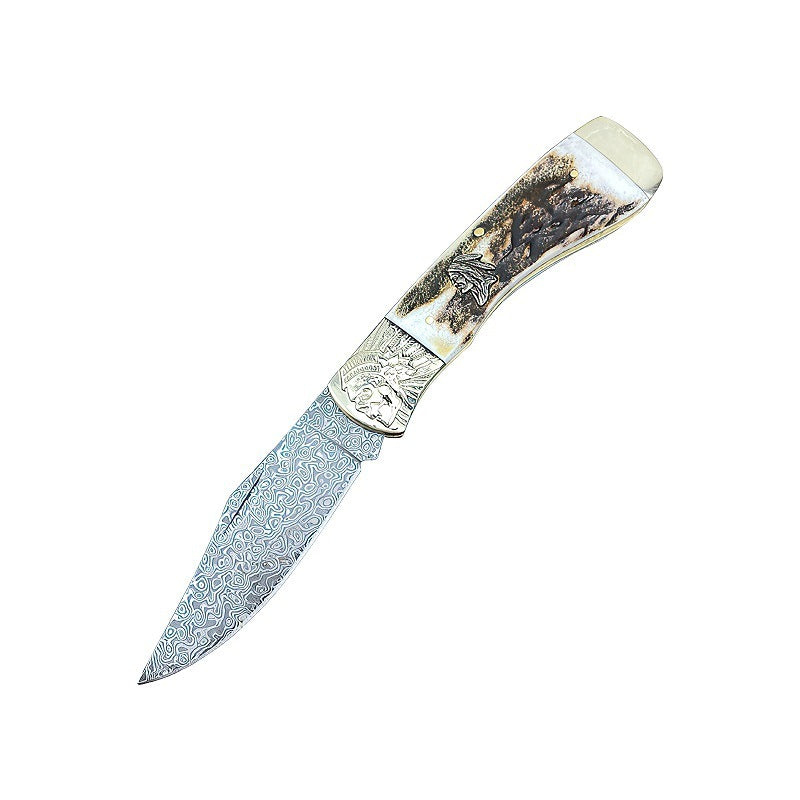 Antler Pocket Damascus Folding Knife