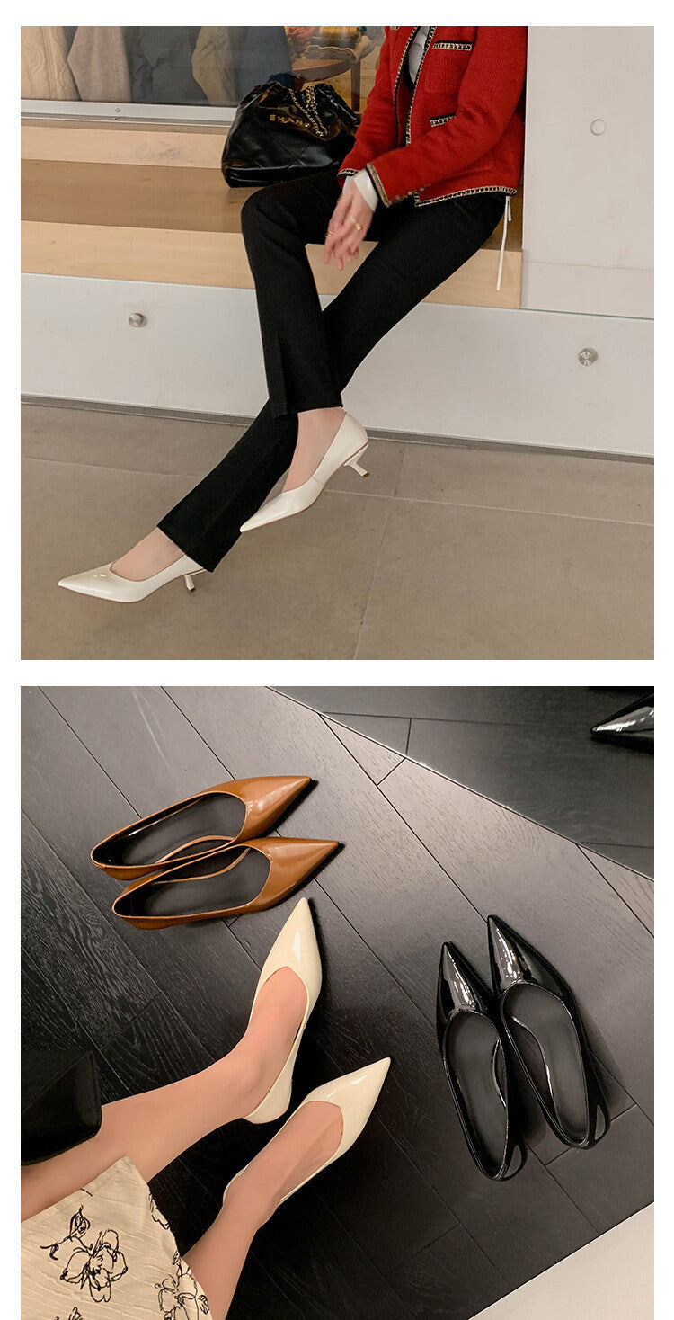 Patent Sheepskin Stiletto Heel Pointed Toe V-shaped Mouth Pumps