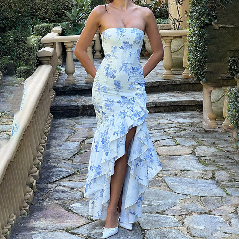 Summer Printed Tube Top Ruffled Slit Dress