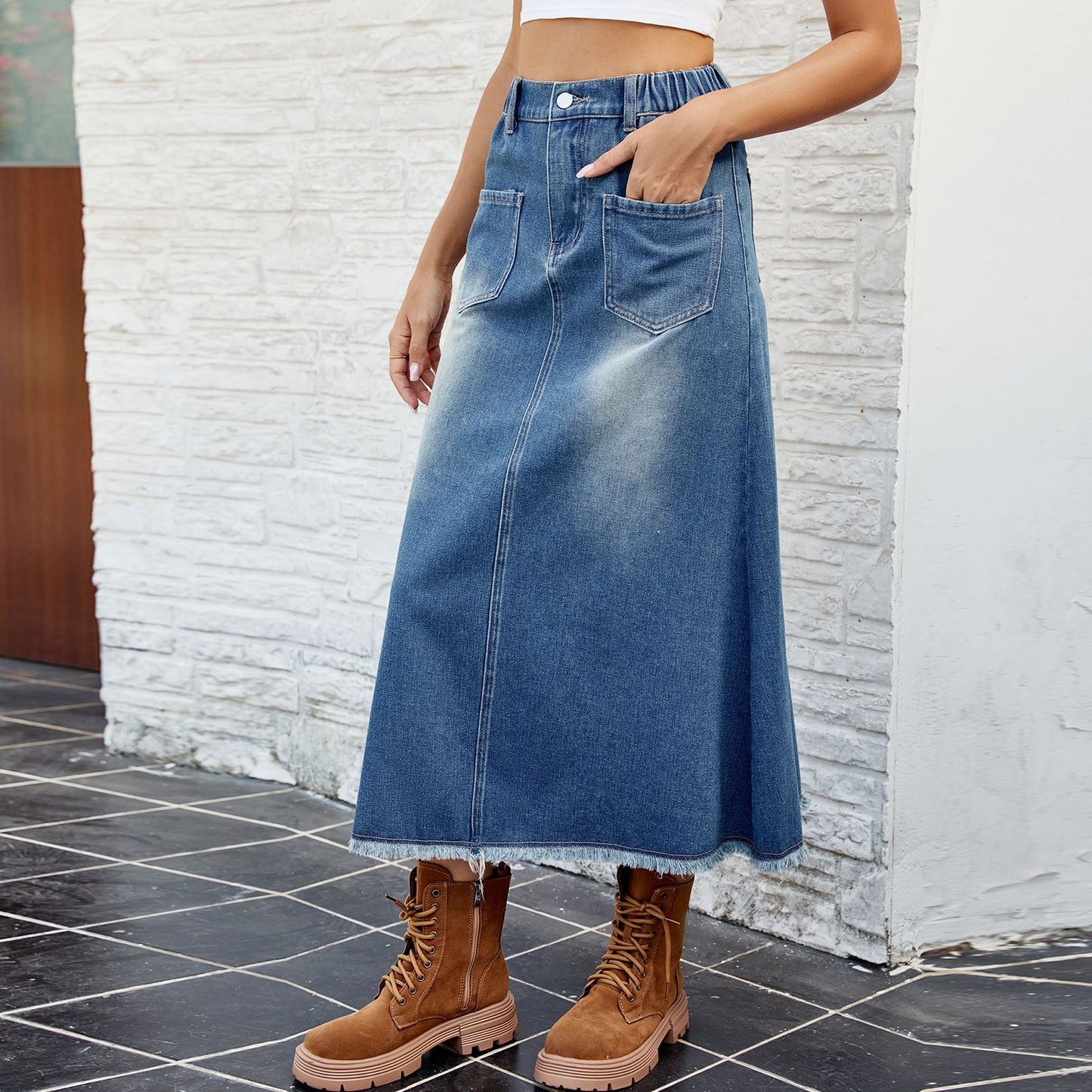 Washed Frayed Hem Denim Skirt Midi Skirt